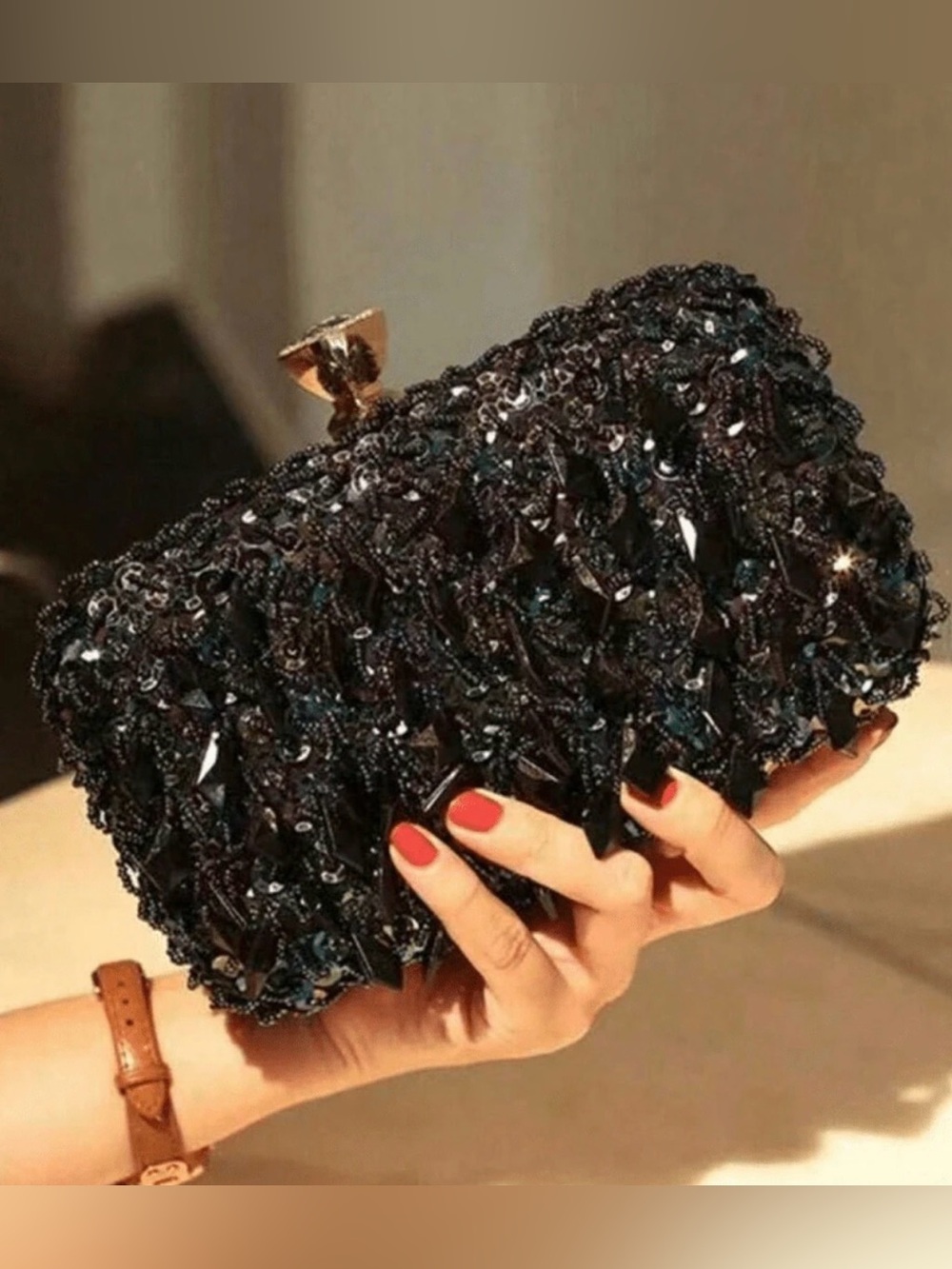 Black Beaded Evening Clutch - Unbranded